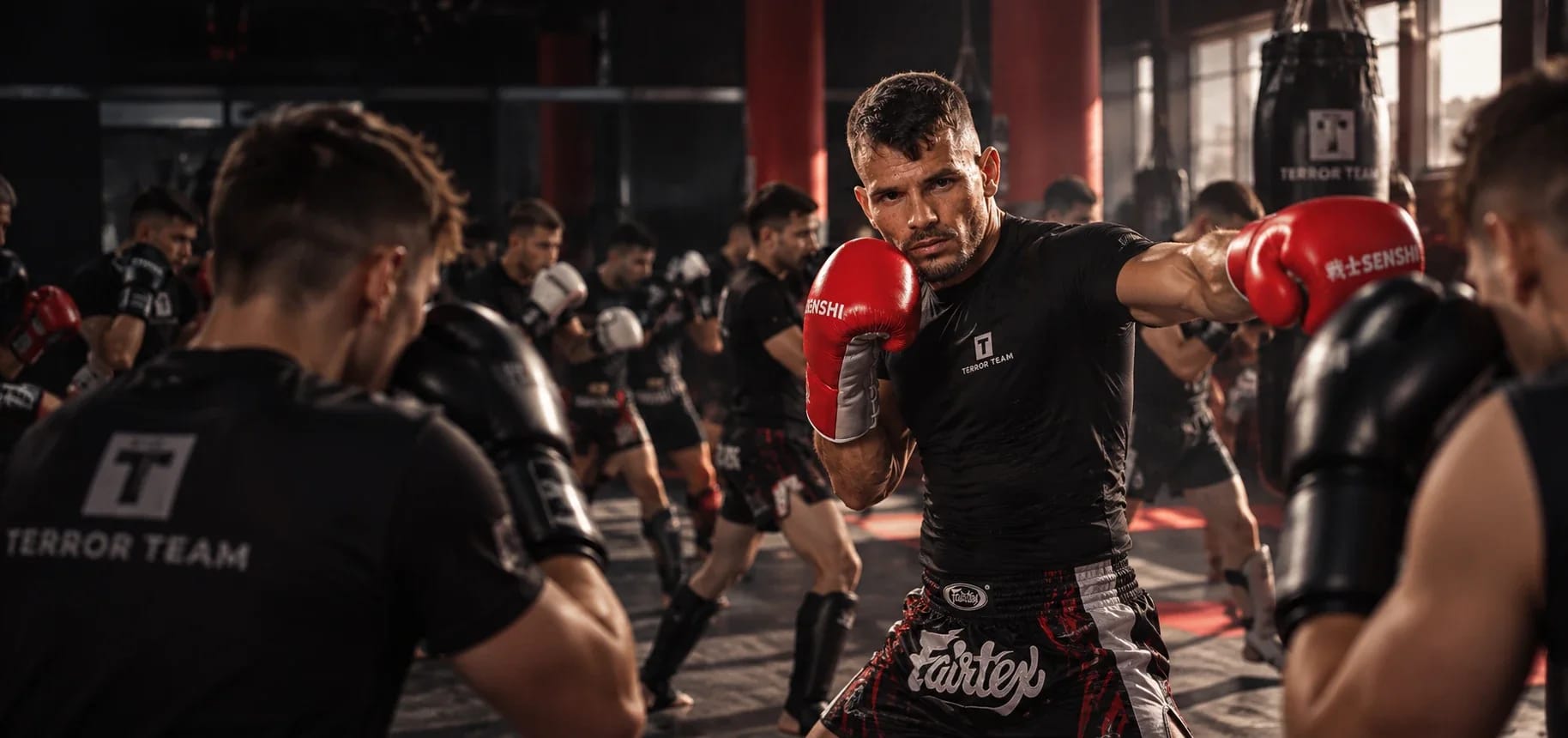 Group kickboxing class at Terror Team: Marian demonstrates a jab in front of the group