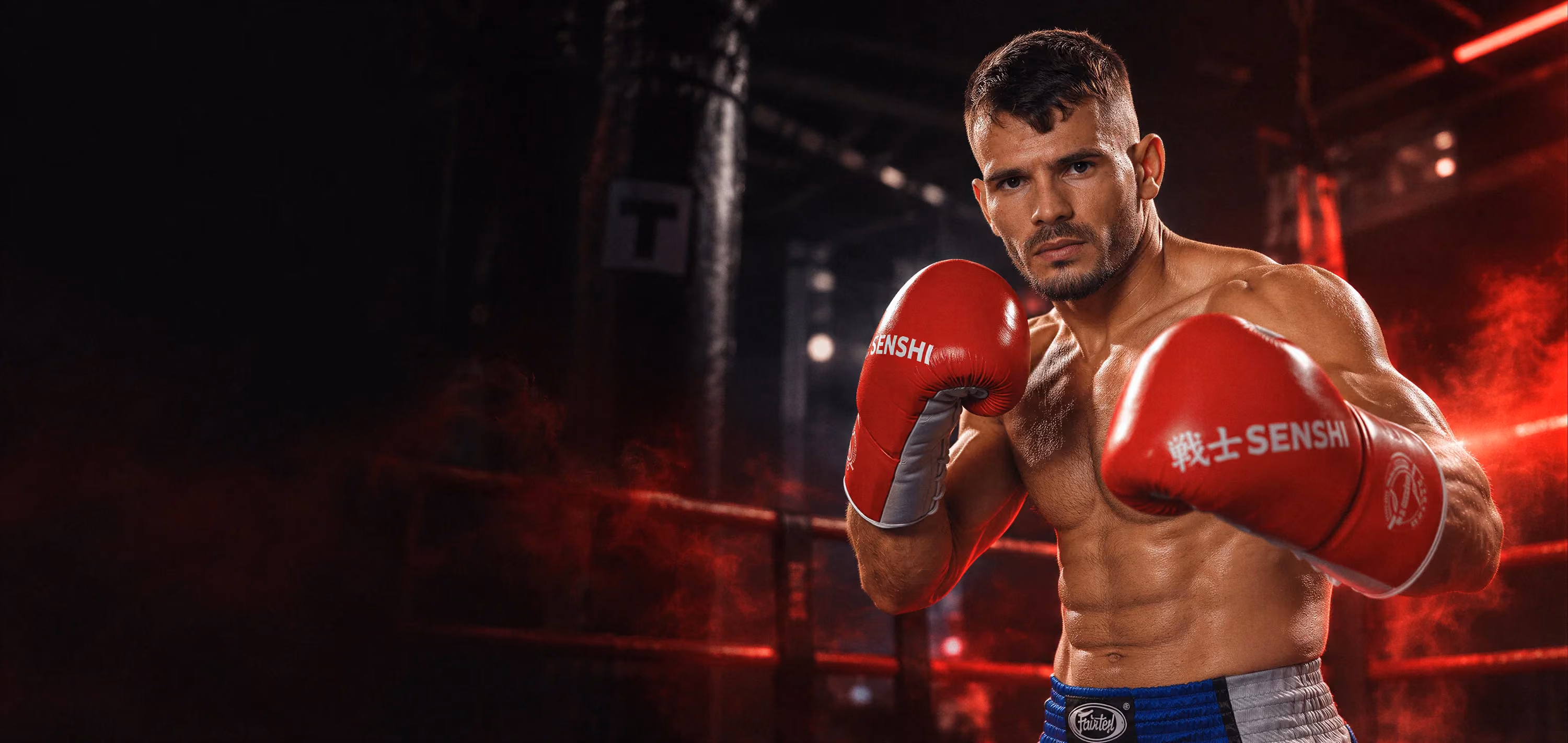 Marian „The Terror” Lăpușneanu în gardă lângă ring, cu mănuși roșii SENSHI