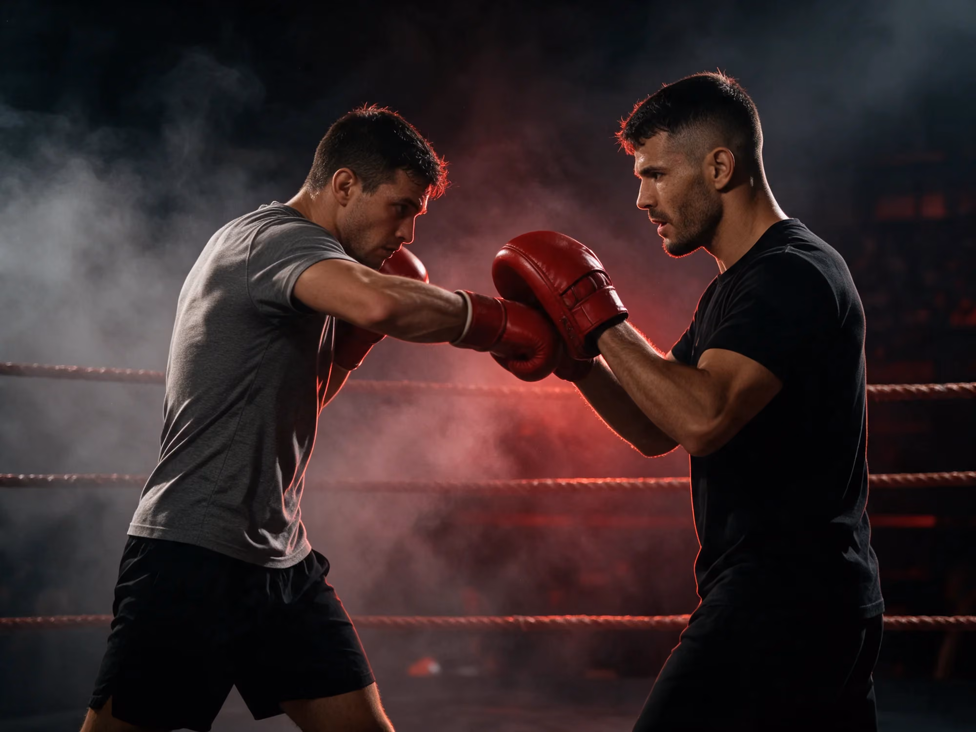 Pad work in the ring under red light